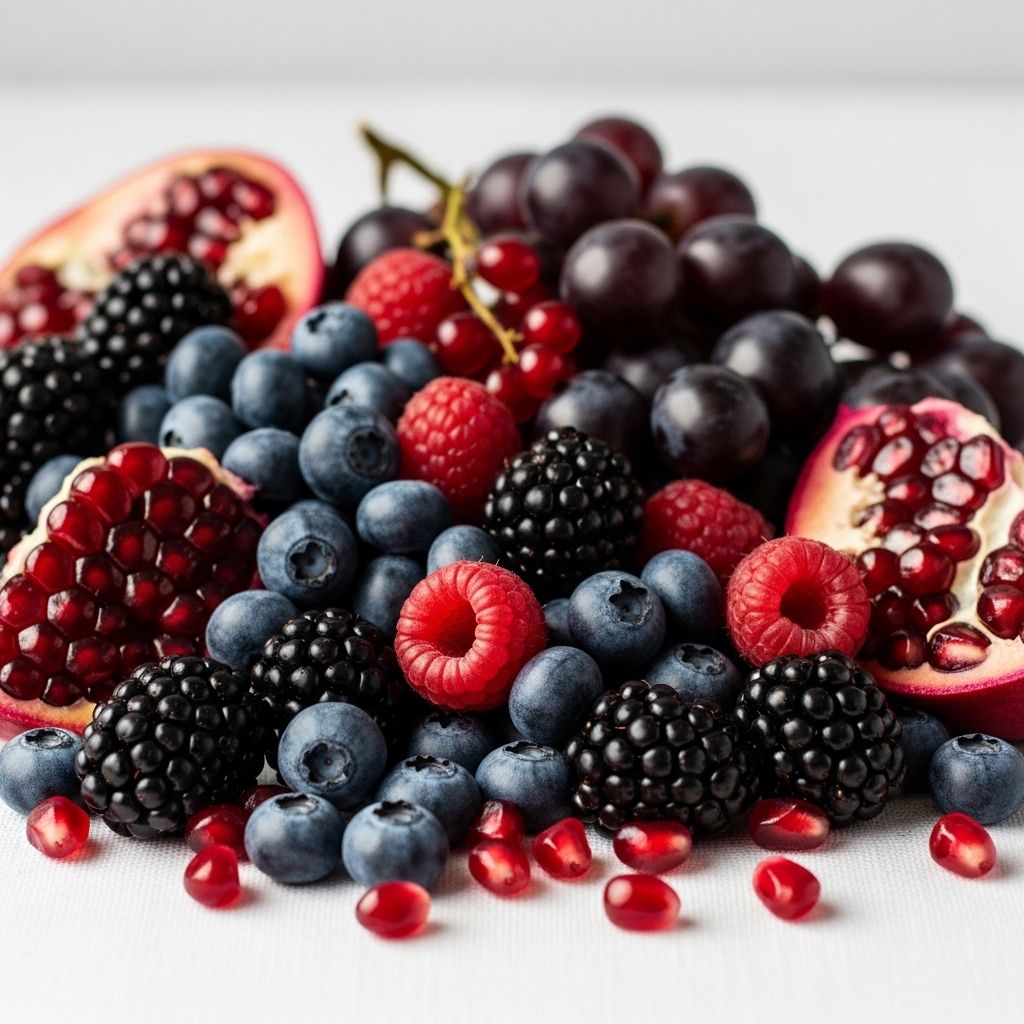 Vibrant arrangement of antioxidant-rich berries, pomegranate seeds and dark grapes in natural light on a white linen background with rich deep colours