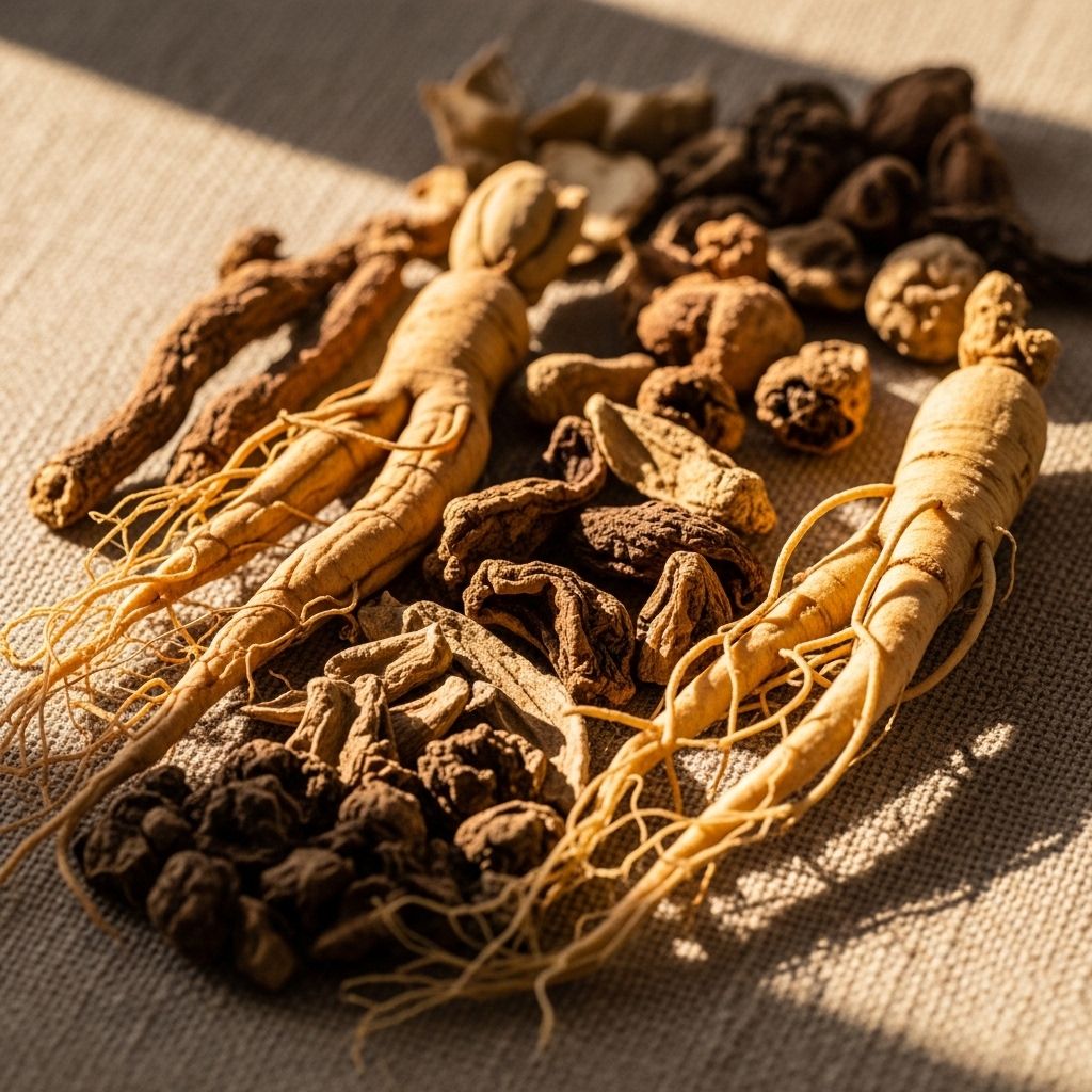 Dried roots and botanical extracts including ashwagandha and ginseng arranged on linen fabric with natural afternoon light creating warm shadows