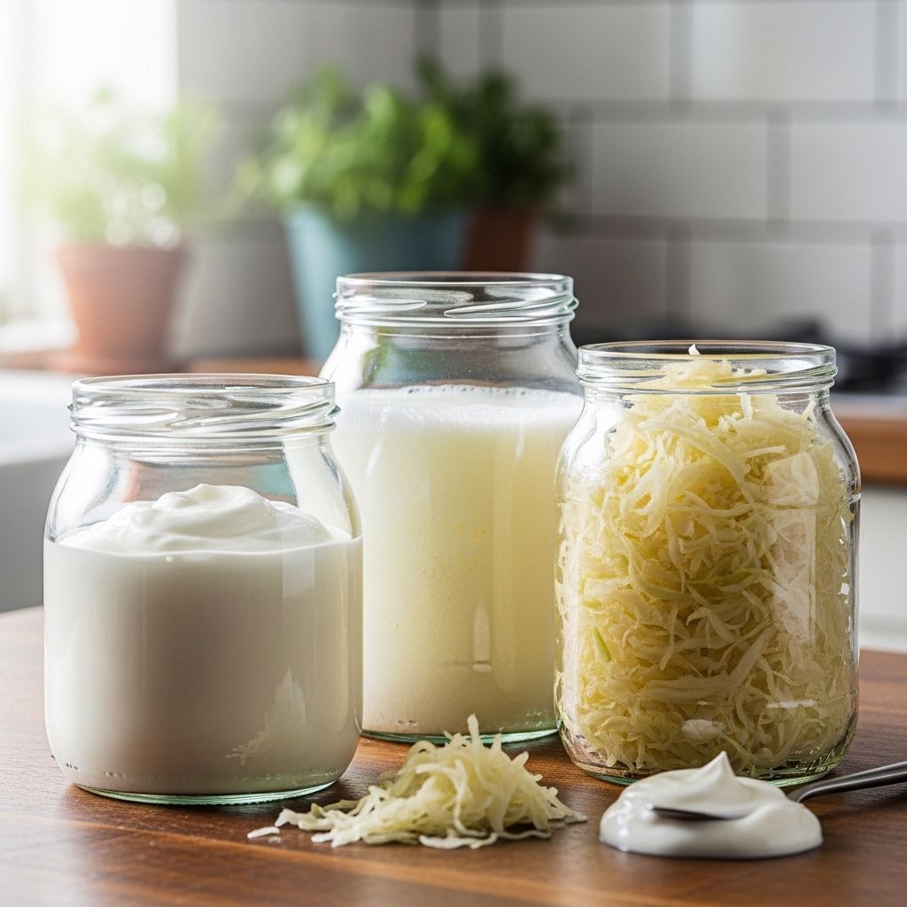 Fermented foods including natural yoghurt kefir and sauerkraut in glass jars on a kitchen counter with soft diffused natural light representing gut microbiome support