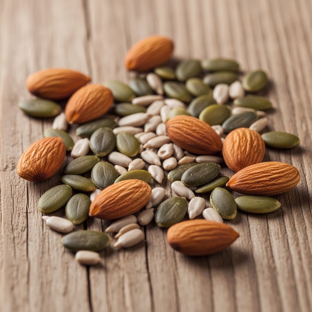 Assorted raw nuts and seeds scattered on a rustic wooden surface, including pumpkin seeds, sunflower seeds and almonds rich in zinc and magnesium
